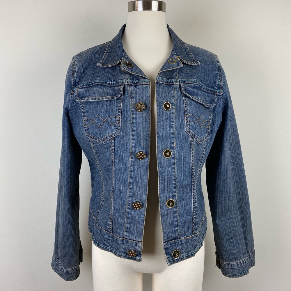 CAbi Western Cowgirl Denim Jacket Jeweled Amber Buttons Short Waisted, Large